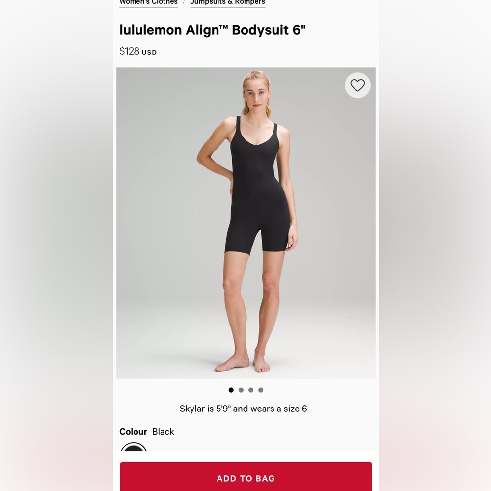 lululemon Align™ Bodysuit 6" with built in shelf bra. Black.  Size 10.